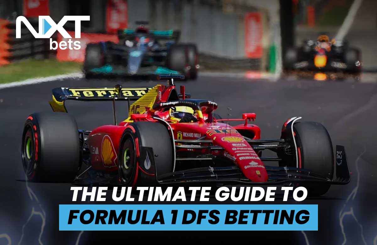 Feature image for the blog 'The Ultimate Guide to Formula 1 DFS Real-Money Gaming,' featuring a Ferrari Formula 1 car racing on the track with NXTBets logo.