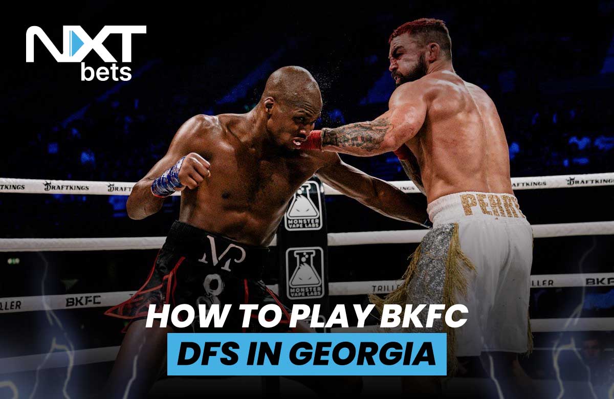 BKFC fighters in action during a match, with text overlay: 'How to Play BKFC DFS in Georgia' by NXTbets, highlighting fantasy sports opportunities in the state for BKFC enthusiasts.